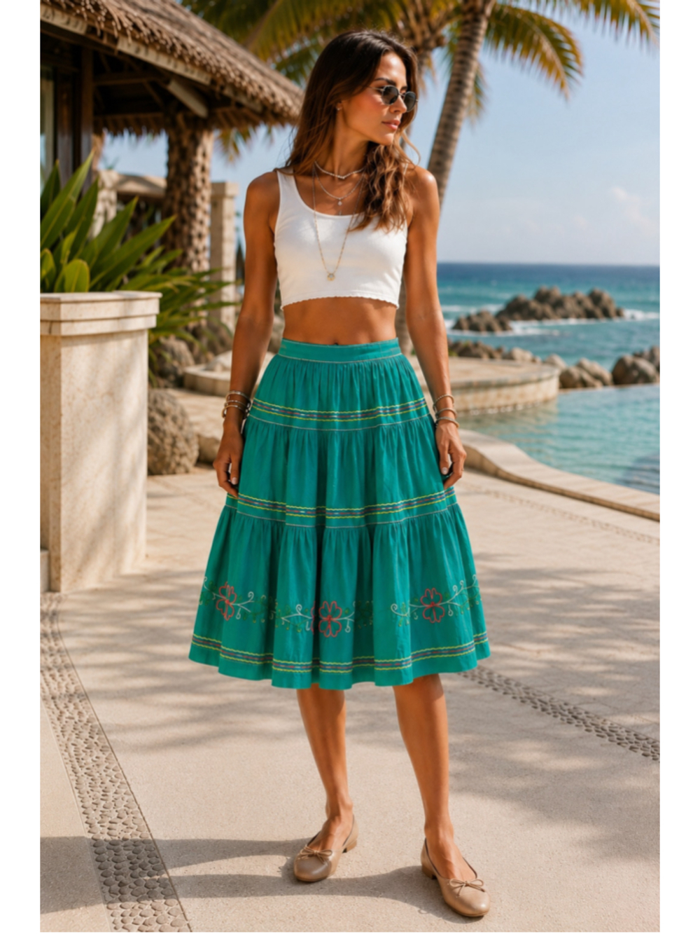 Vintage Teal Embroidered Tiered Circle Skirt Boho Folk Western